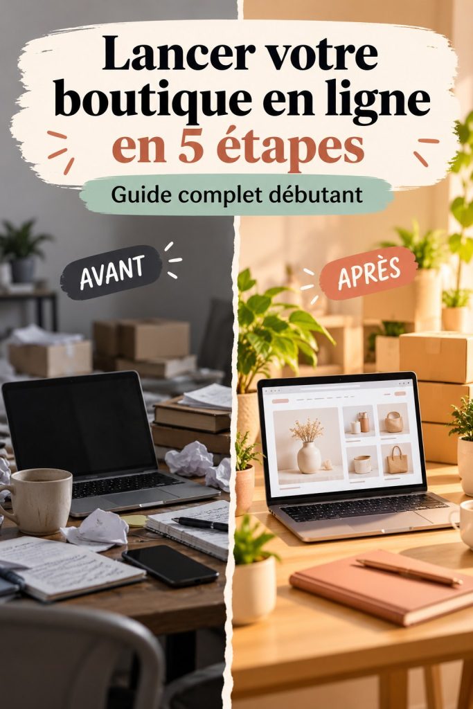 Visuel illustrant le processus de lancement d'une boutique en ligne avec des étapes clés.